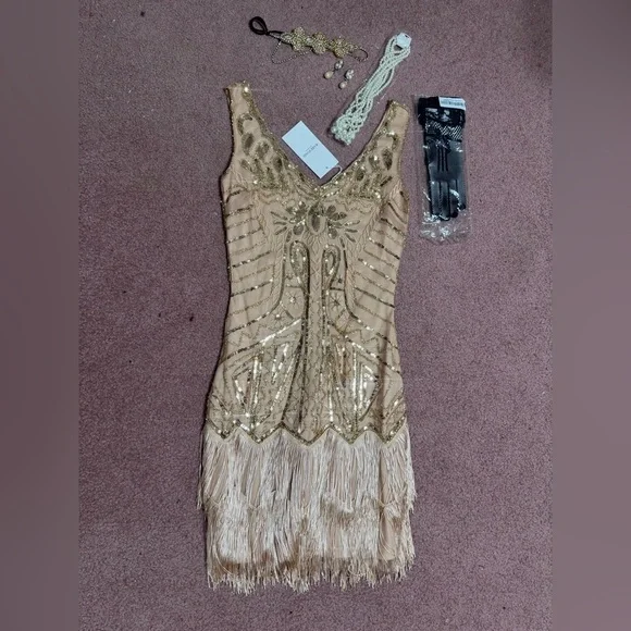 Dresses | New Small Gold Sequin Beaded Fringe Flapper Dress Costume Evening  Accessories | Poshmark